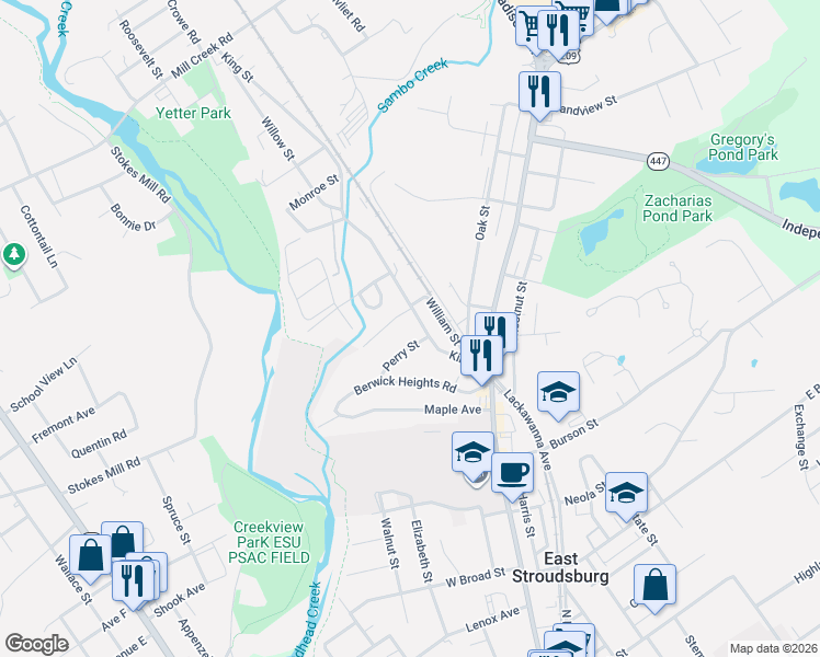 map of restaurants, bars, coffee shops, grocery stores, and more near 91 King Street in East Stroudsburg