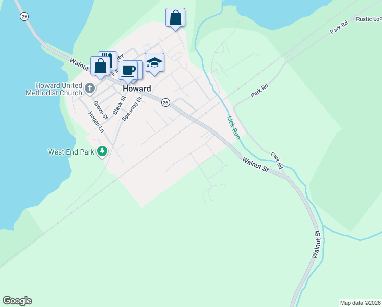 map of restaurants, bars, coffee shops, grocery stores, and more near 101 Lakeview Drive in Howard