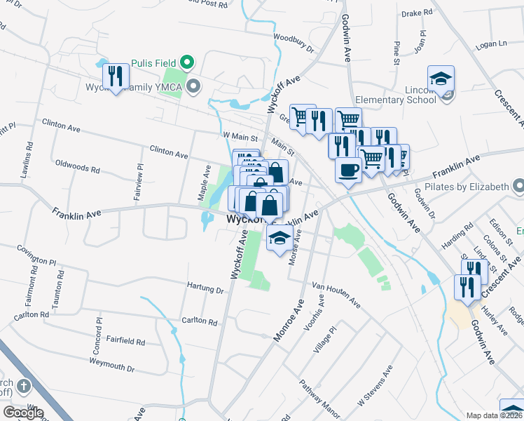 map of restaurants, bars, coffee shops, grocery stores, and more near 253 Everett Avenue in Wyckoff
