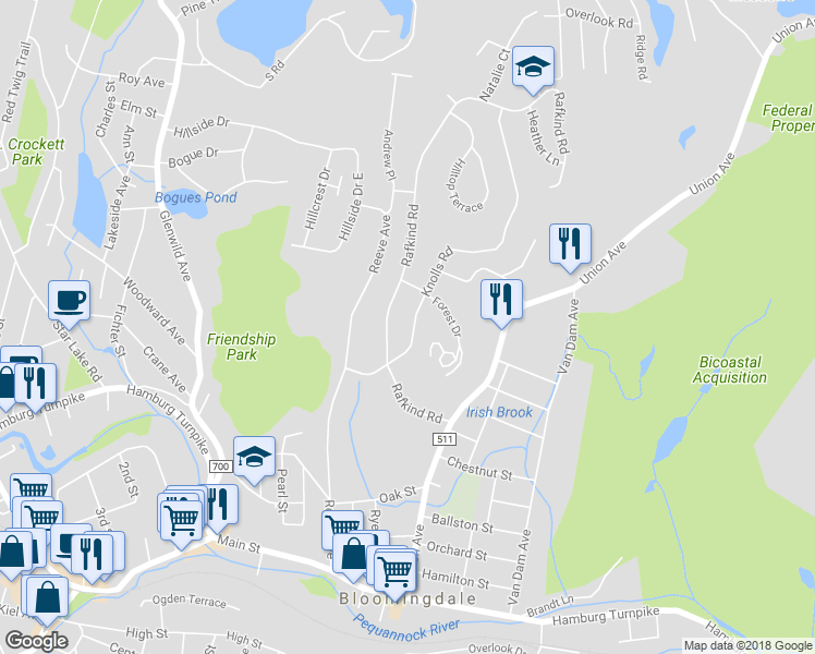 map of restaurants, bars, coffee shops, grocery stores, and more near 39 Knolls Road in Bloomingdale