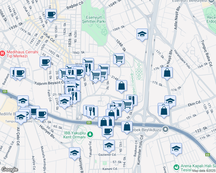 map of restaurants, bars, coffee shops, grocery stores, and more near 36. Sokak in Esenyurt