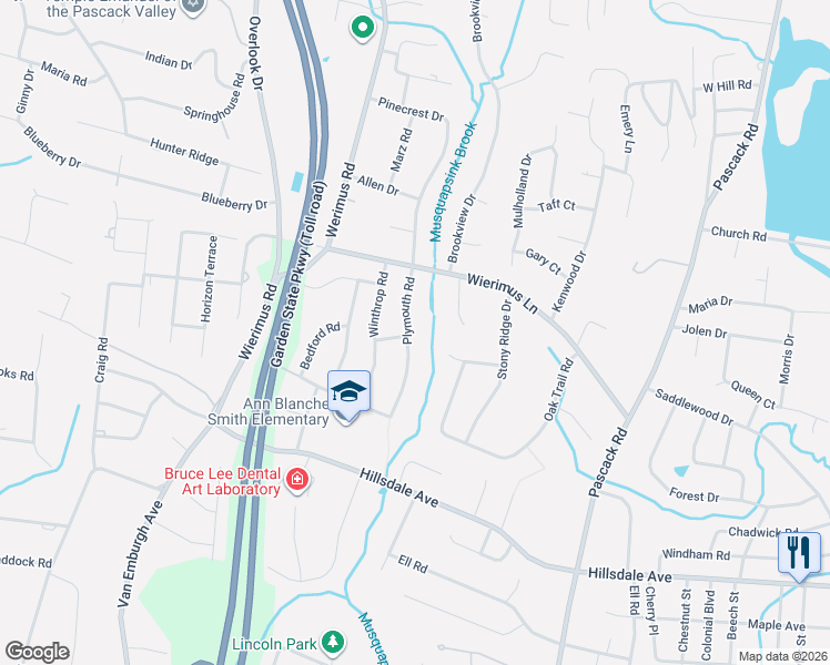 map of restaurants, bars, coffee shops, grocery stores, and more near 61 Plymouth Road in Hillsdale
