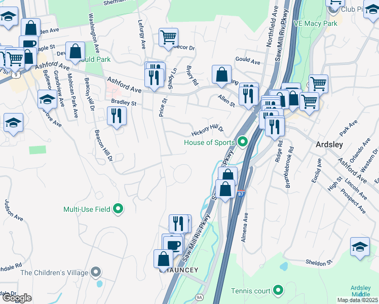 map of restaurants, bars, coffee shops, grocery stores, and more near 40 Chestnut Ridge Way in Dobbs Ferry