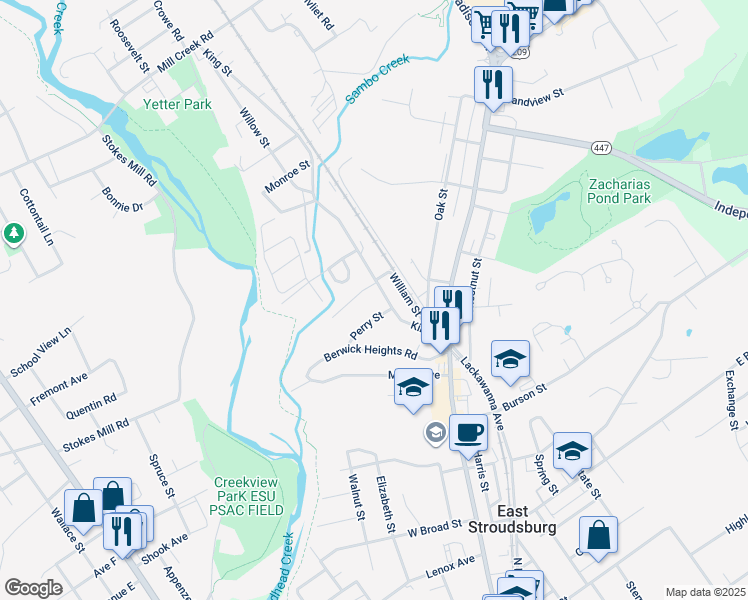 map of restaurants, bars, coffee shops, grocery stores, and more near 103 King Street in East Stroudsburg