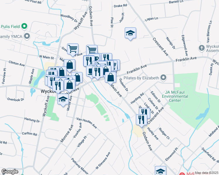 map of restaurants, bars, coffee shops, grocery stores, and more near 265 Godwin Avenue in Wyckoff