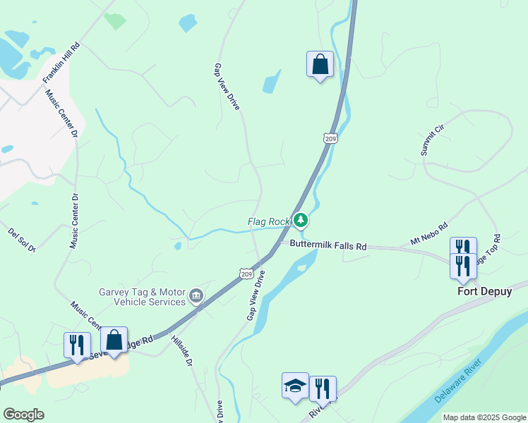 map of restaurants, bars, coffee shops, grocery stores, and more near 2282 Gap View Drive in East Stroudsburg