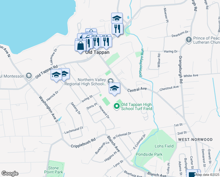 map of restaurants, bars, coffee shops, grocery stores, and more near 150 Central Avenue in Old Tappan
