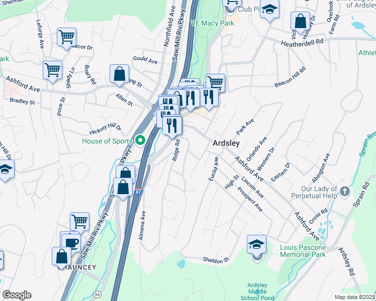 map of restaurants, bars, coffee shops, grocery stores, and more near 1 Lakeview Avenue in Ardsley