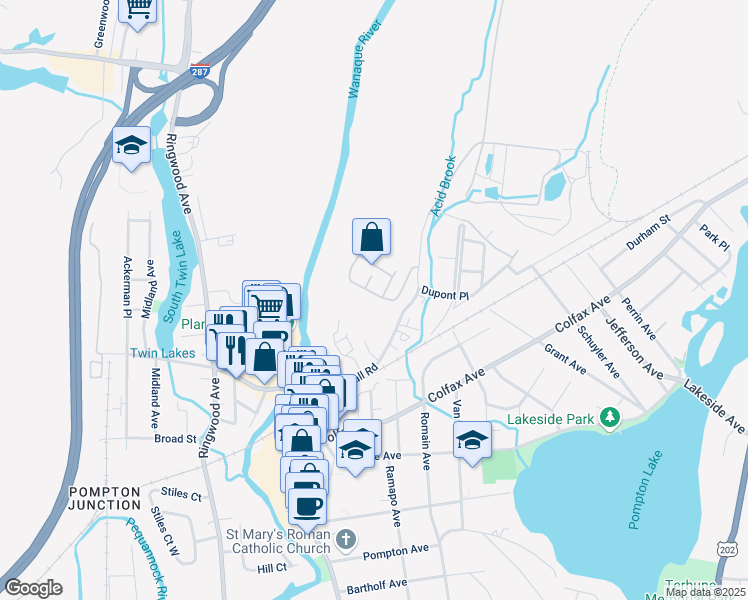 map of restaurants, bars, coffee shops, grocery stores, and more near 17 Mountainside Drive in Pompton Lakes