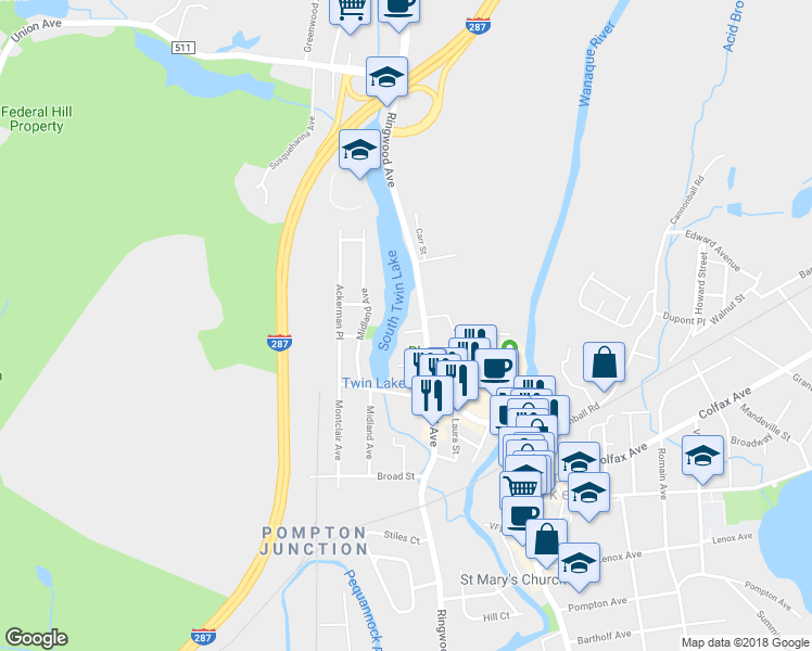 map of restaurants, bars, coffee shops, grocery stores, and more near 15 Kluge Street in Pompton Lakes