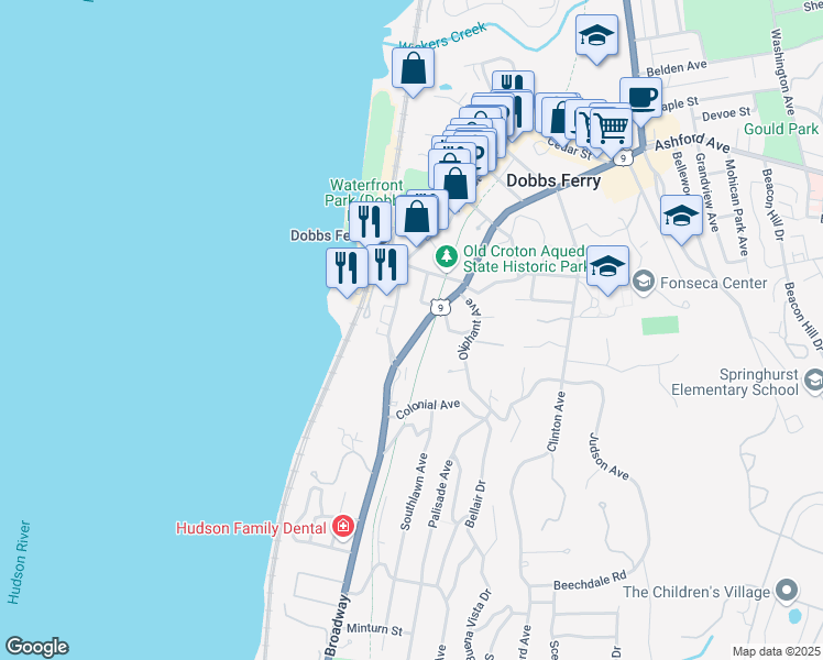map of restaurants, bars, coffee shops, grocery stores, and more near 189 Broadway in Dobbs Ferry