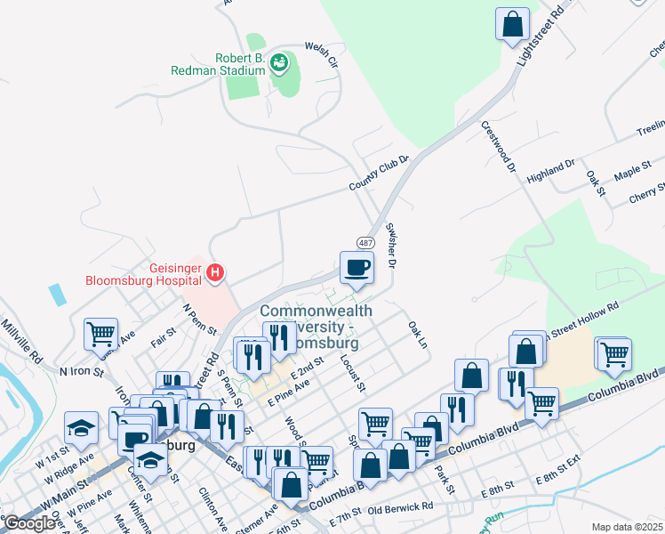 map of restaurants, bars, coffee shops, grocery stores, and more near 823 Lightstreet Road in Bloomsburg