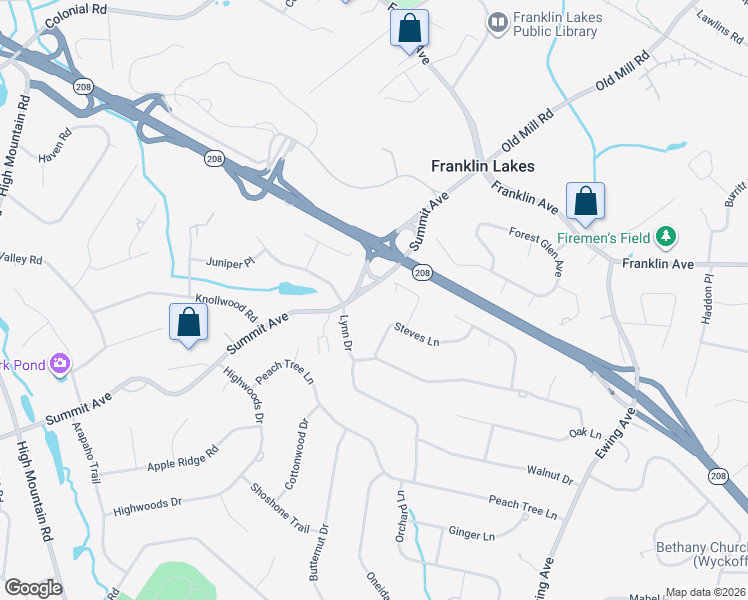 map of restaurants, bars, coffee shops, grocery stores, and more near 567 Summit Avenue in Franklin Lakes