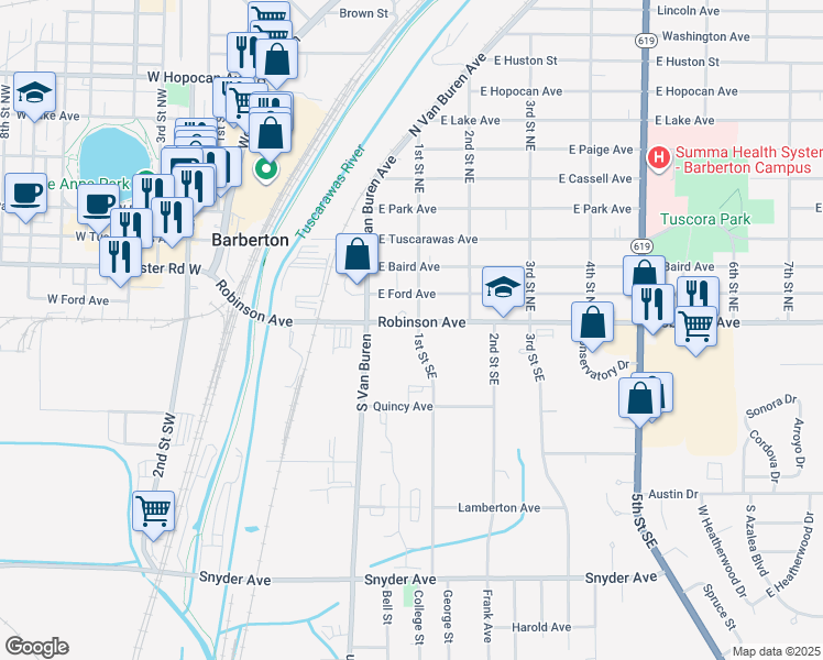 map of restaurants, bars, coffee shops, grocery stores, and more near 192 Robinson Avenue in Barberton