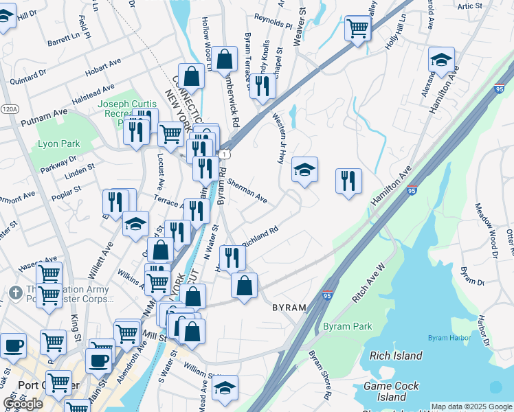 map of restaurants, bars, coffee shops, grocery stores, and more near 12 Highland Road in Greenwich