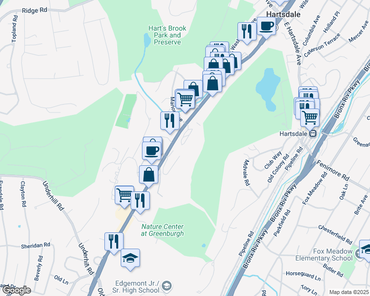map of restaurants, bars, coffee shops, grocery stores, and more near 300 Central Park Avenue in Scarsdale