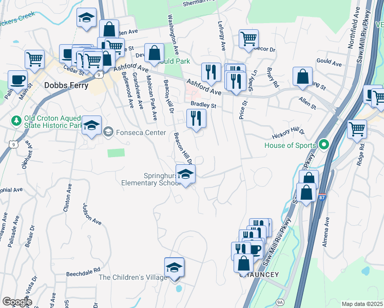 map of restaurants, bars, coffee shops, grocery stores, and more near 200 Beacon Hill Drive in Dobbs Ferry