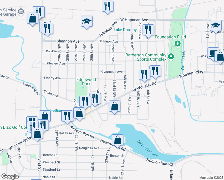 map of restaurants, bars, coffee shops, grocery stores, and more near 30 22nd Street Northwest in Barberton