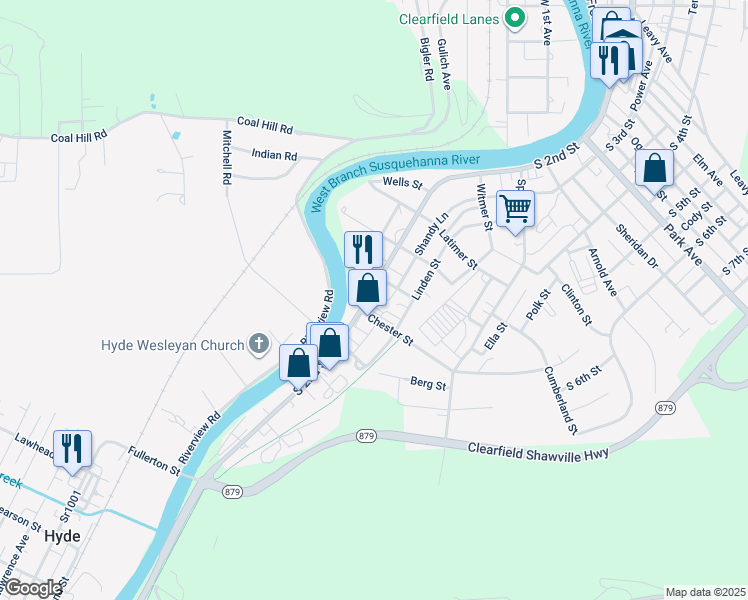 map of restaurants, bars, coffee shops, grocery stores, and more near 1010 South 2nd Street in Clearfield