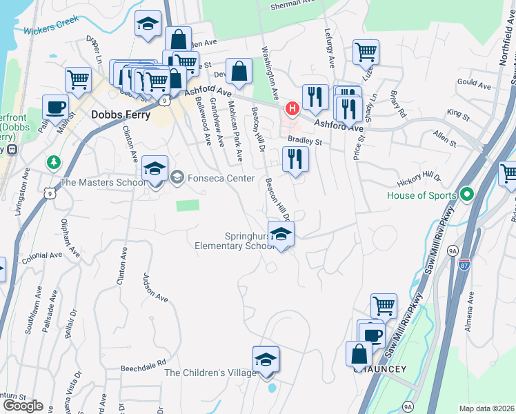 map of restaurants, bars, coffee shops, grocery stores, and more near 20 Springhurst Park in Dobbs Ferry