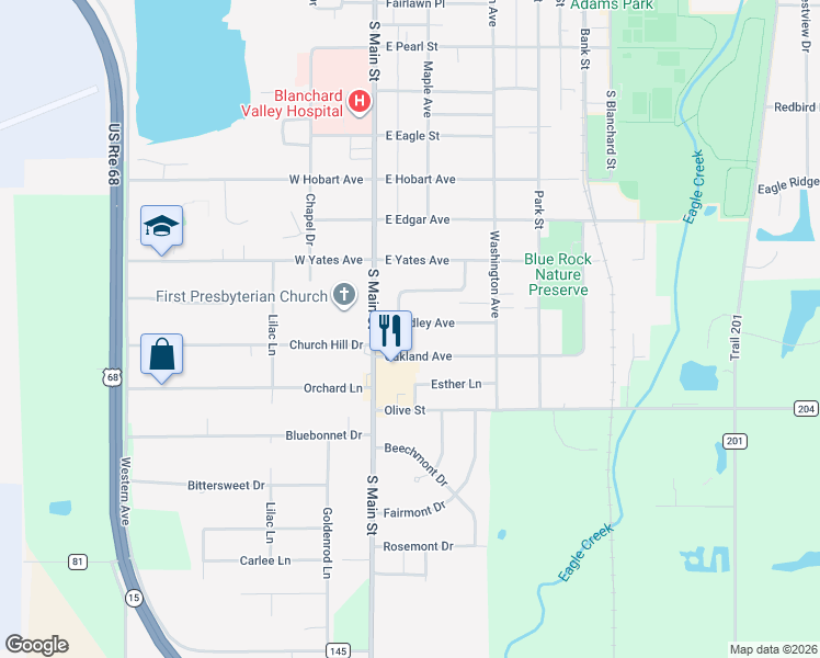 map of restaurants, bars, coffee shops, grocery stores, and more near 127 Woodley Avenue in Findlay
