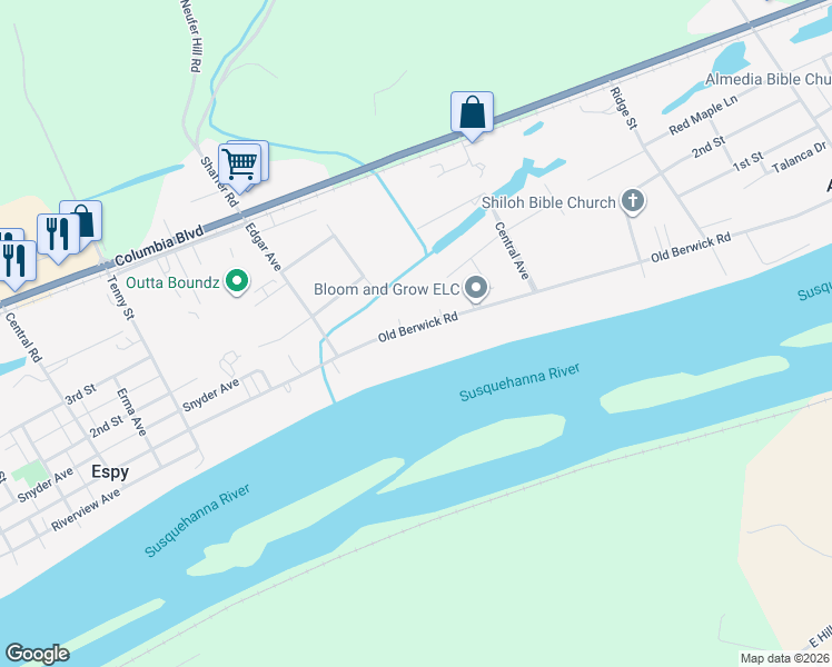 map of restaurants, bars, coffee shops, grocery stores, and more near 3038 Old Berwick Road in Bloomsburg