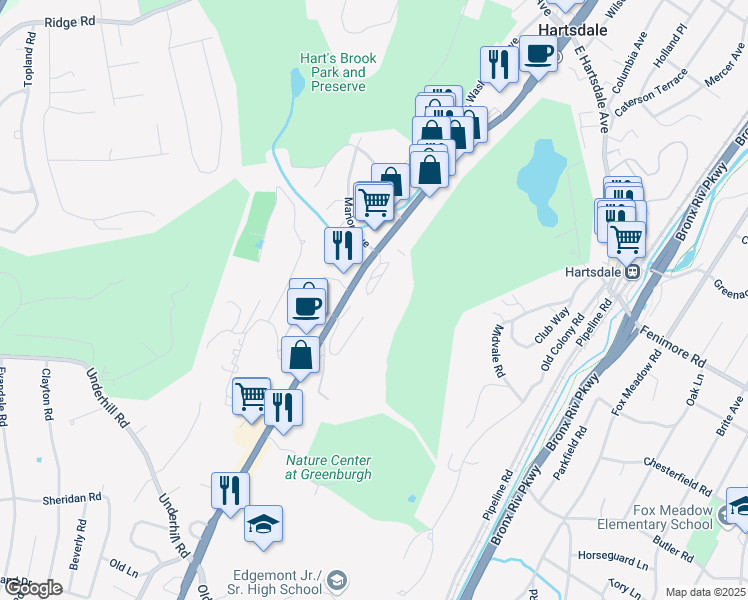 map of restaurants, bars, coffee shops, grocery stores, and more near 300 Central Park Avenue in Scarsdale