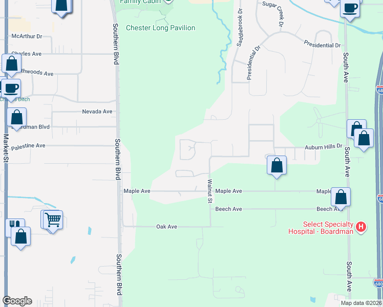 map of restaurants, bars, coffee shops, grocery stores, and more near 7854 Walnut Street in Youngstown