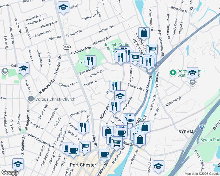 map of restaurants, bars, coffee shops, grocery stores, and more near 428 Elm Street in Port Chester