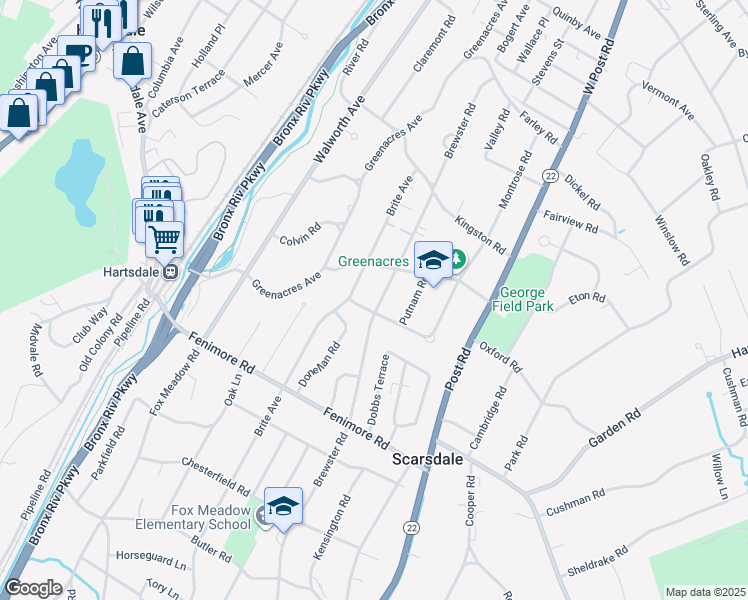 map of restaurants, bars, coffee shops, grocery stores, and more near 133 Brewster Road in Scarsdale