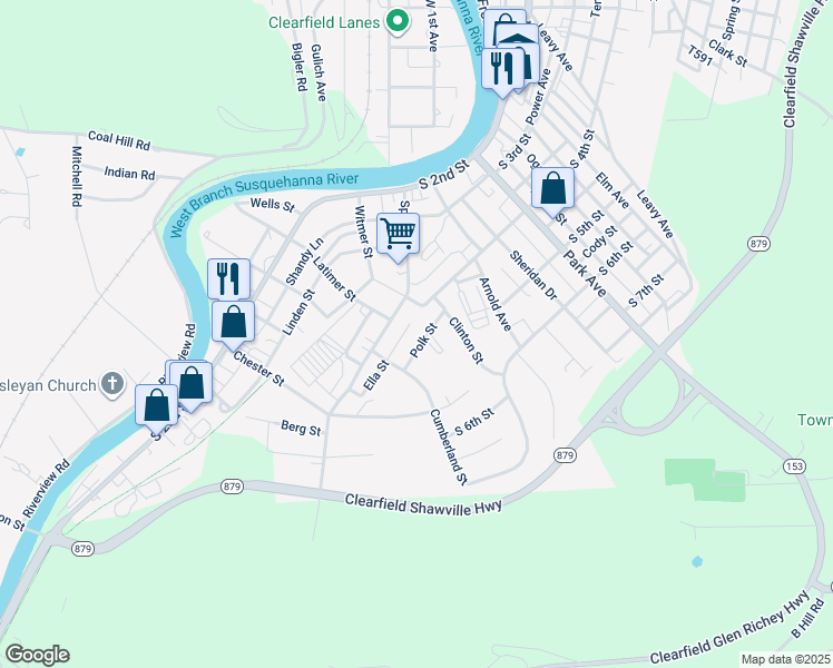 map of restaurants, bars, coffee shops, grocery stores, and more near Polk Street in Clearfield
