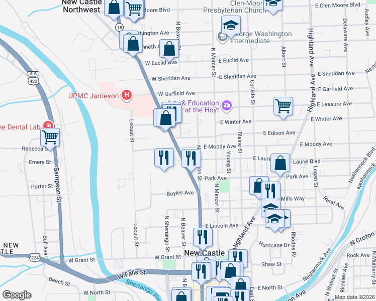 map of restaurants, bars, coffee shops, grocery stores, and more near 808 Wilmington Avenue in New Castle