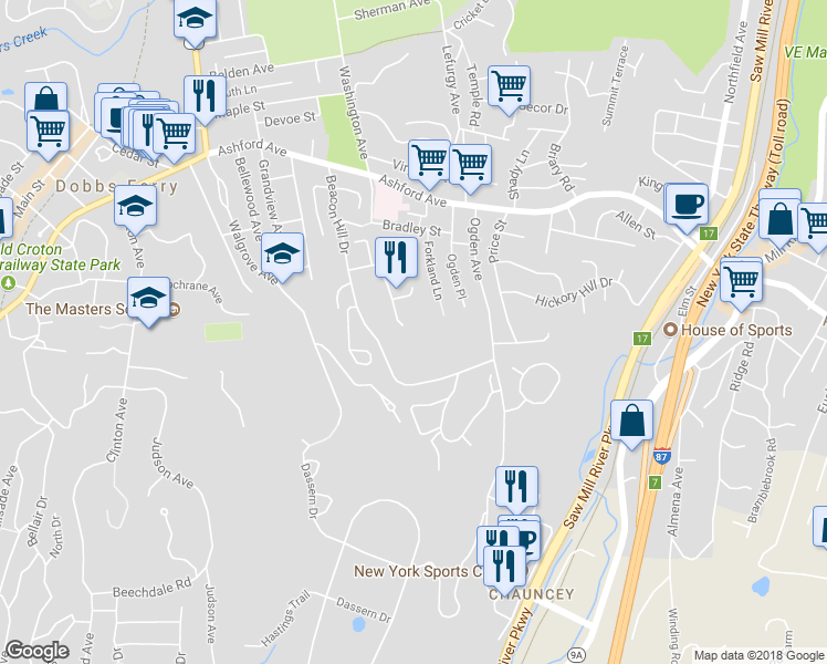 map of restaurants, bars, coffee shops, grocery stores, and more near 40 Manor House Drive in Dobbs Ferry