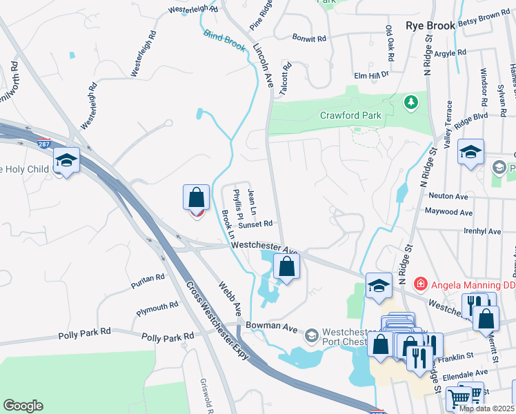 map of restaurants, bars, coffee shops, grocery stores, and more near 3 Jean Lane in Rye Brook
