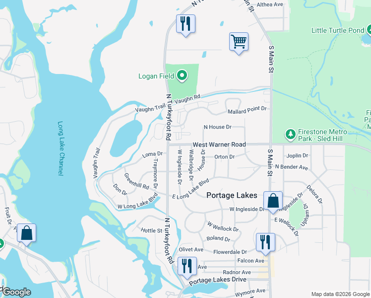 map of restaurants, bars, coffee shops, grocery stores, and more near 345 West Ingleside Drive in Akron