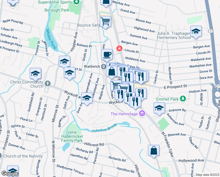 map of restaurants, bars, coffee shops, grocery stores, and more near 20 Harrison Avenue in Waldwick
