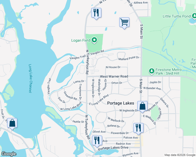 map of restaurants, bars, coffee shops, grocery stores, and more near 345 West Ingleside Drive in Akron
