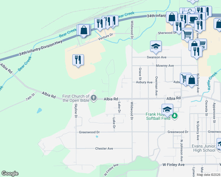 map of restaurants, bars, coffee shops, grocery stores, and more near 2 Sussex Place in Ottumwa