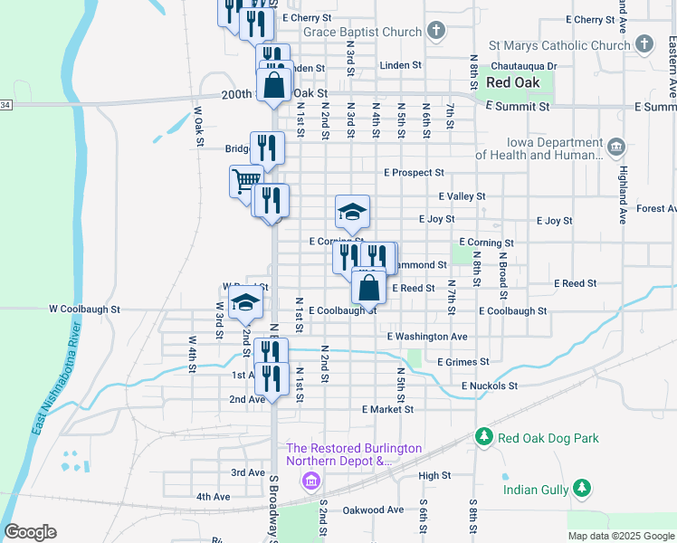map of restaurants, bars, coffee shops, grocery stores, and more near 301 East Reed Street in Red Oak