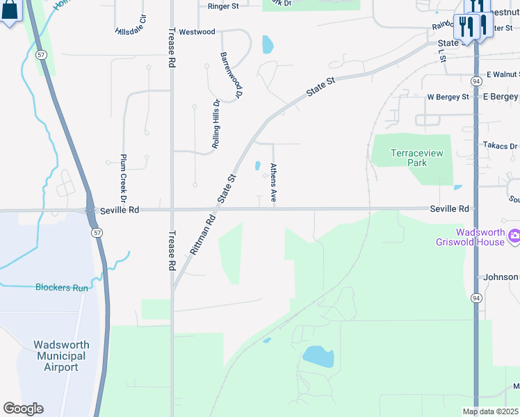 map of restaurants, bars, coffee shops, grocery stores, and more near 450 Co Highway 16 in Wadsworth