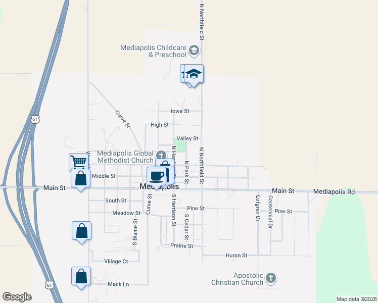 map of restaurants, bars, coffee shops, grocery stores, and more near 315 North Northfield Street in Mediapolis