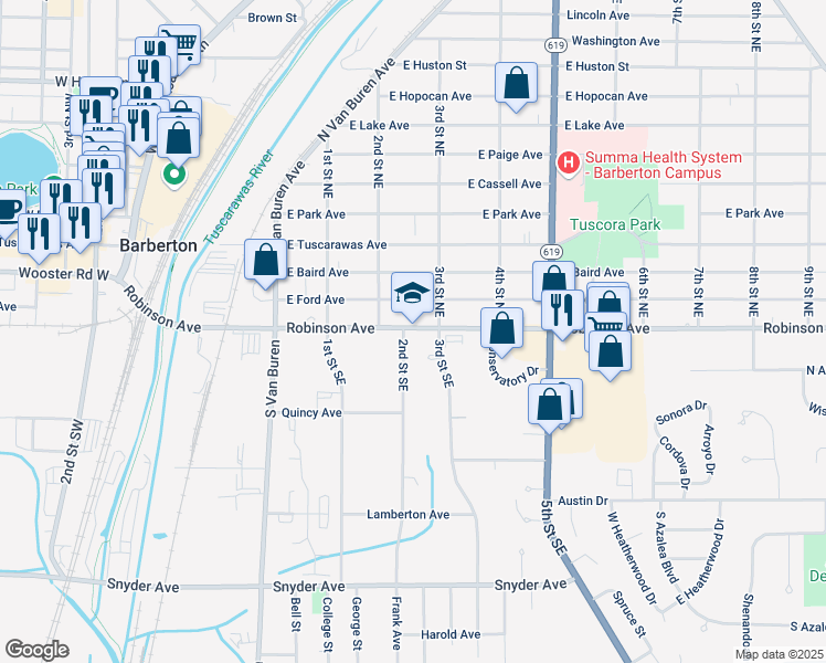 map of restaurants, bars, coffee shops, grocery stores, and more near 292 Robinson Avenue in Barberton