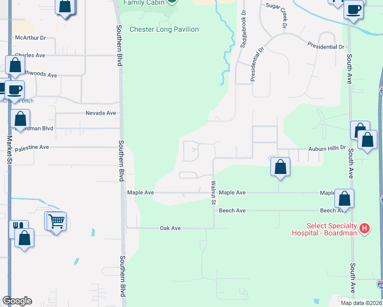 map of restaurants, bars, coffee shops, grocery stores, and more near 7854 Walnut Street in Youngstown