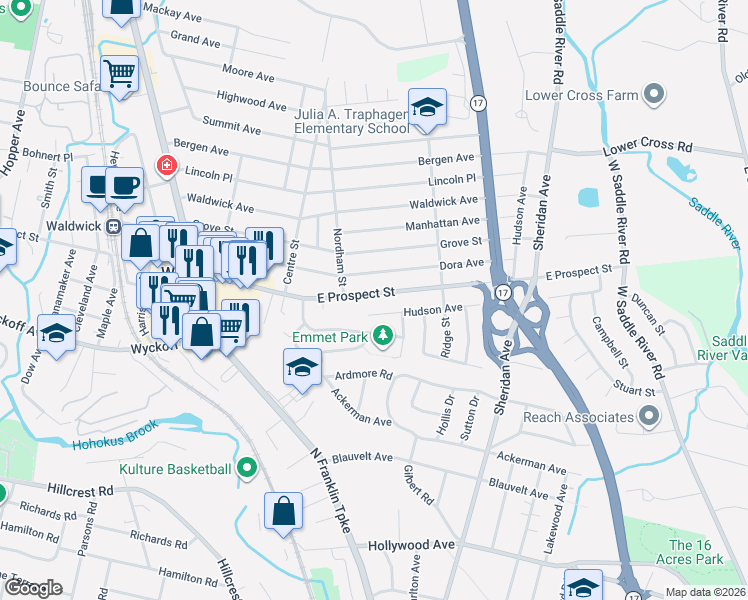map of restaurants, bars, coffee shops, grocery stores, and more near 6 Hudson Avenue in Waldwick