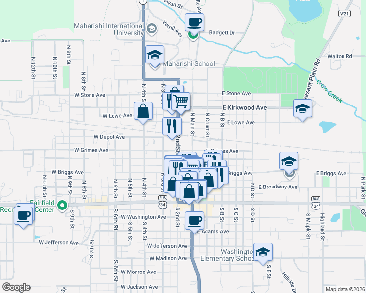 map of restaurants, bars, coffee shops, grocery stores, and more near 301-399 North 2nd Street in Fairfield