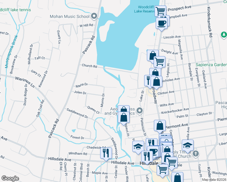 map of restaurants, bars, coffee shops, grocery stores, and more near 15 Maria Drive in Hillsdale