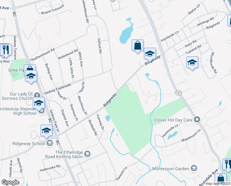 map of restaurants, bars, coffee shops, grocery stores, and more near 400 Ridgeway in White Plains