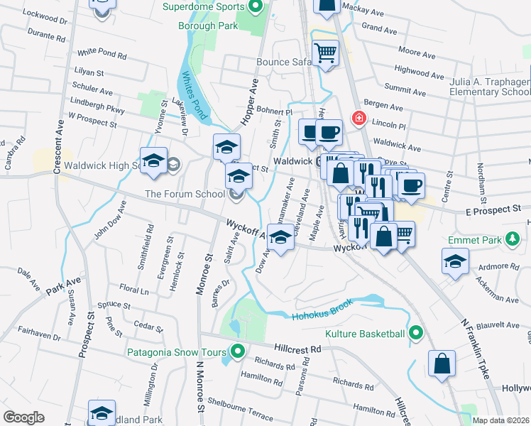 map of restaurants, bars, coffee shops, grocery stores, and more near 9 Vernon Court in Waldwick