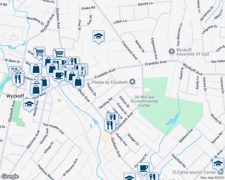 map of restaurants, bars, coffee shops, grocery stores, and more near 28 Shadyside Drive in Wyckoff