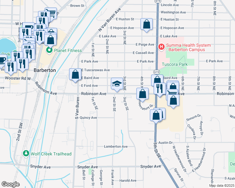 map of restaurants, bars, coffee shops, grocery stores, and more near 292 Robinson Avenue in Barberton